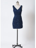 V Neck Navy Blue Pleated Lace Short Bridesmaid Dress